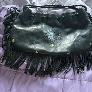 Elliott Lucca Black Leather Shoulder Bag with Fringe Details